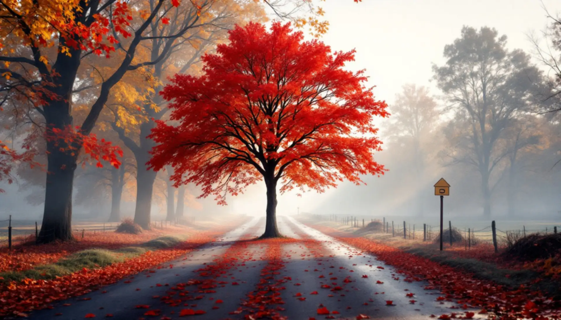 A sugar maple in brilliant red autumn colour standing over a quiet country lane at morning, CoverMaple personal loan requests $100 to $5,000